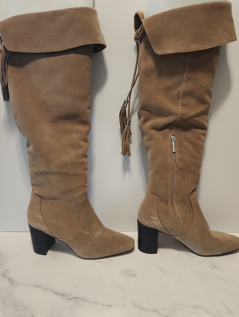 Karl Lagerdeld Paris Tall Fold-Over Suede Boots in Tan